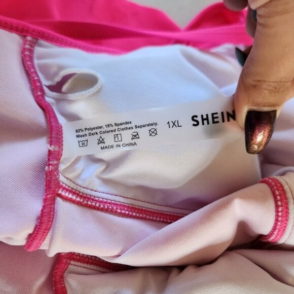 Shein Pink Off Shoulder One Piece Swimsuit Tummy Control Bathing Suit Ruffle 1X - Picture 7 of 9